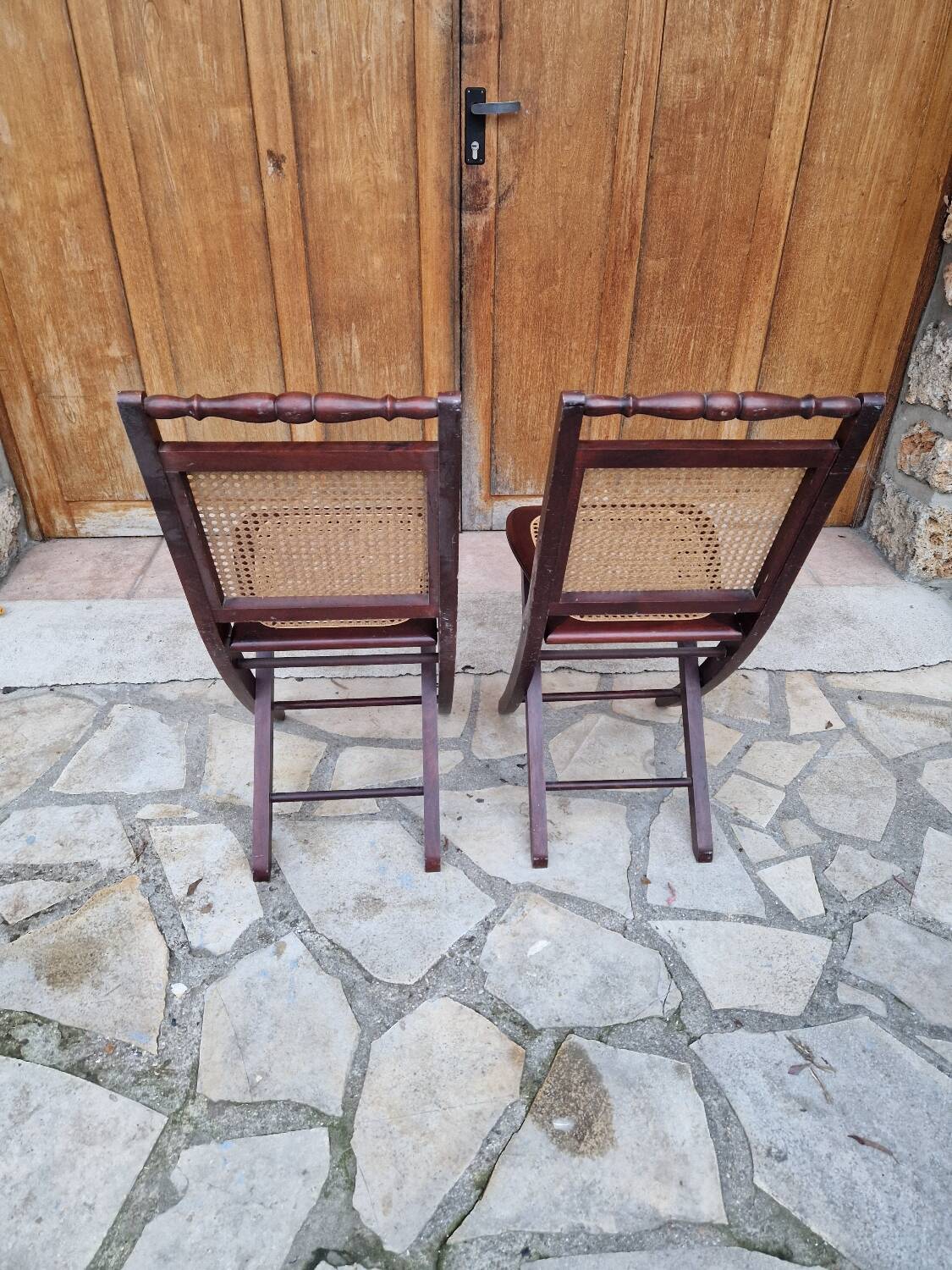 2 vintage caned folding chairs