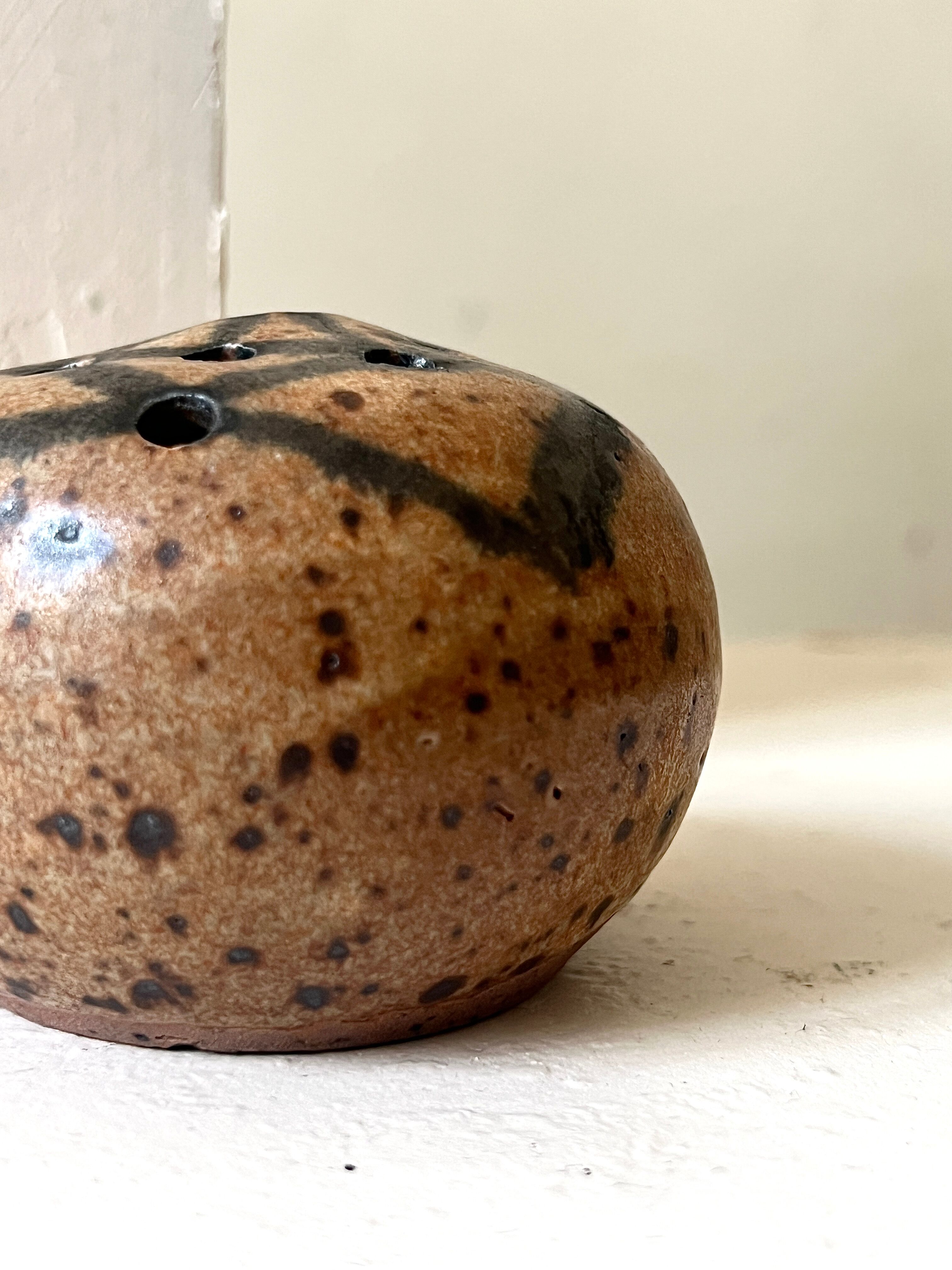 Pyrite stone flower holder signed – brutalist handmade ceramic 1970