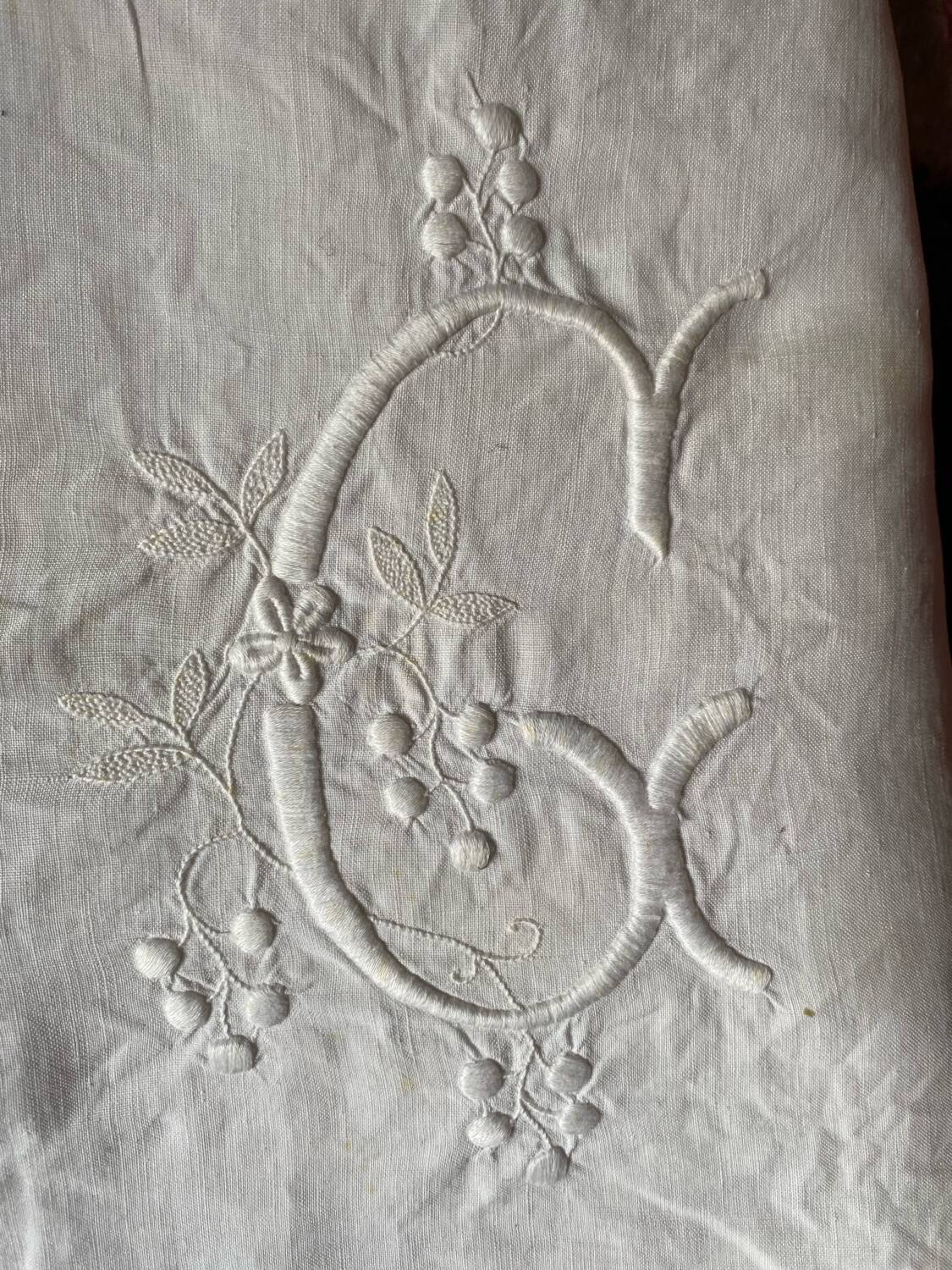 Monogram linen sheet, late 19th century.