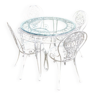Garden furniture in white wrought iron and beveled glass early 20th century