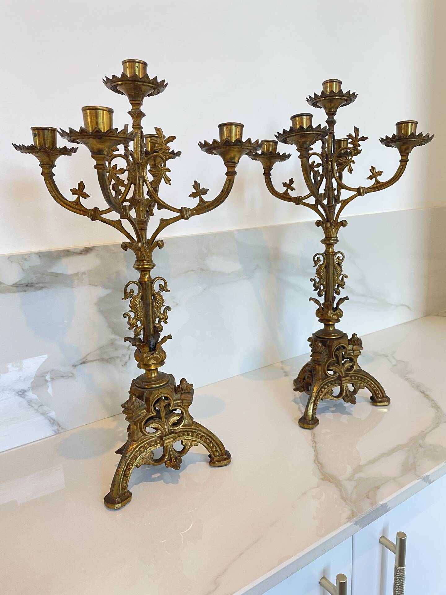 Pair of church candelabra - 19th century - in bronze and brass, 5 lights / c
