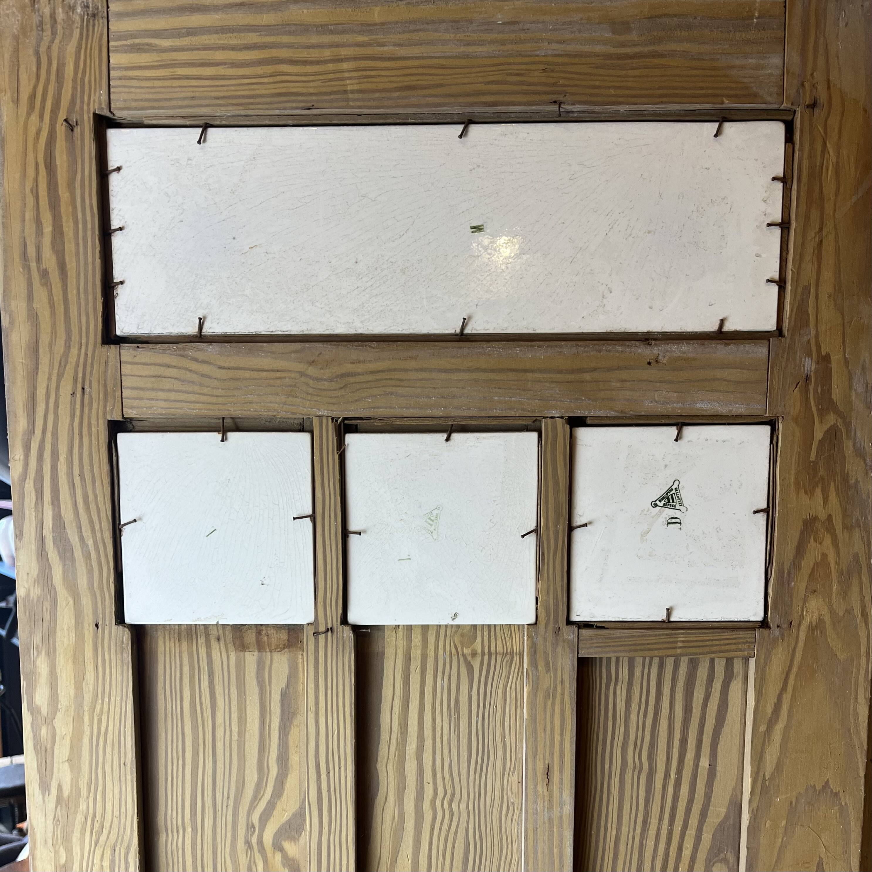 Art Nouveau wardrobe in pine with ceramic tiles, early 20th century.