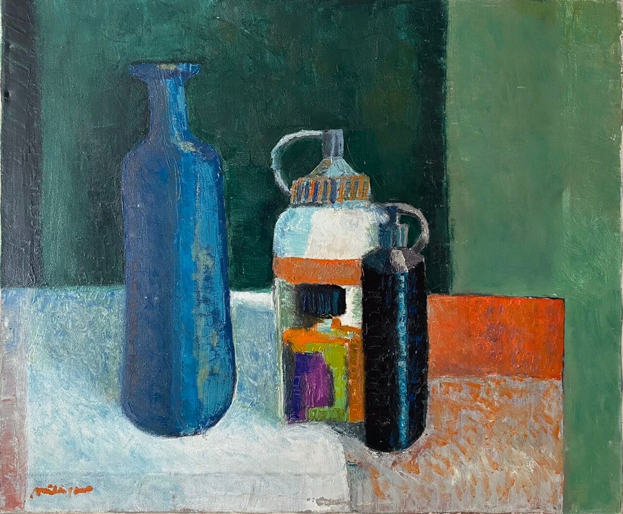 Old painting, still life with bottles signed Milliquet (1896-1982)