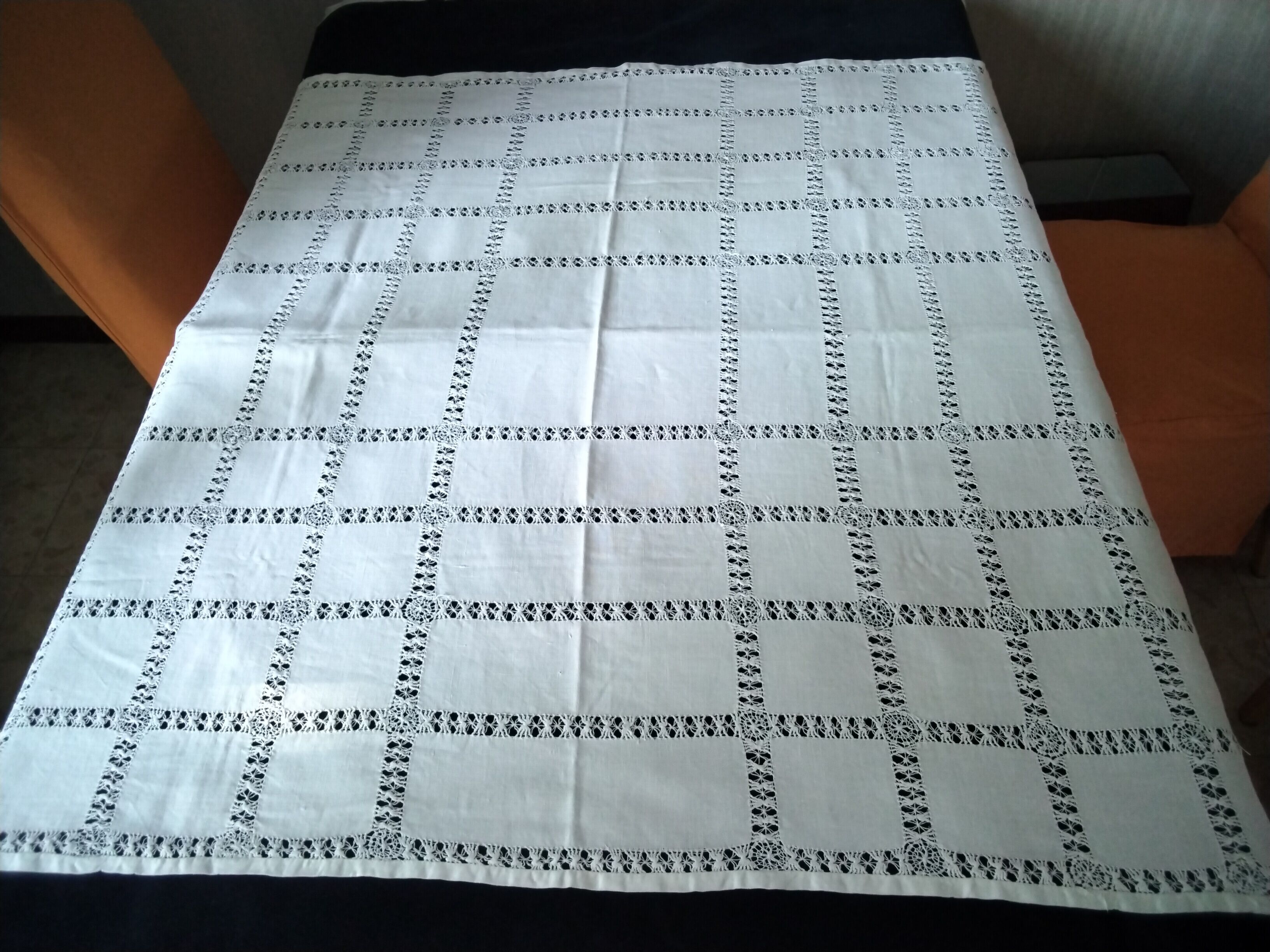 Small old linen tablecloth with days 1.09 x 1.14 m