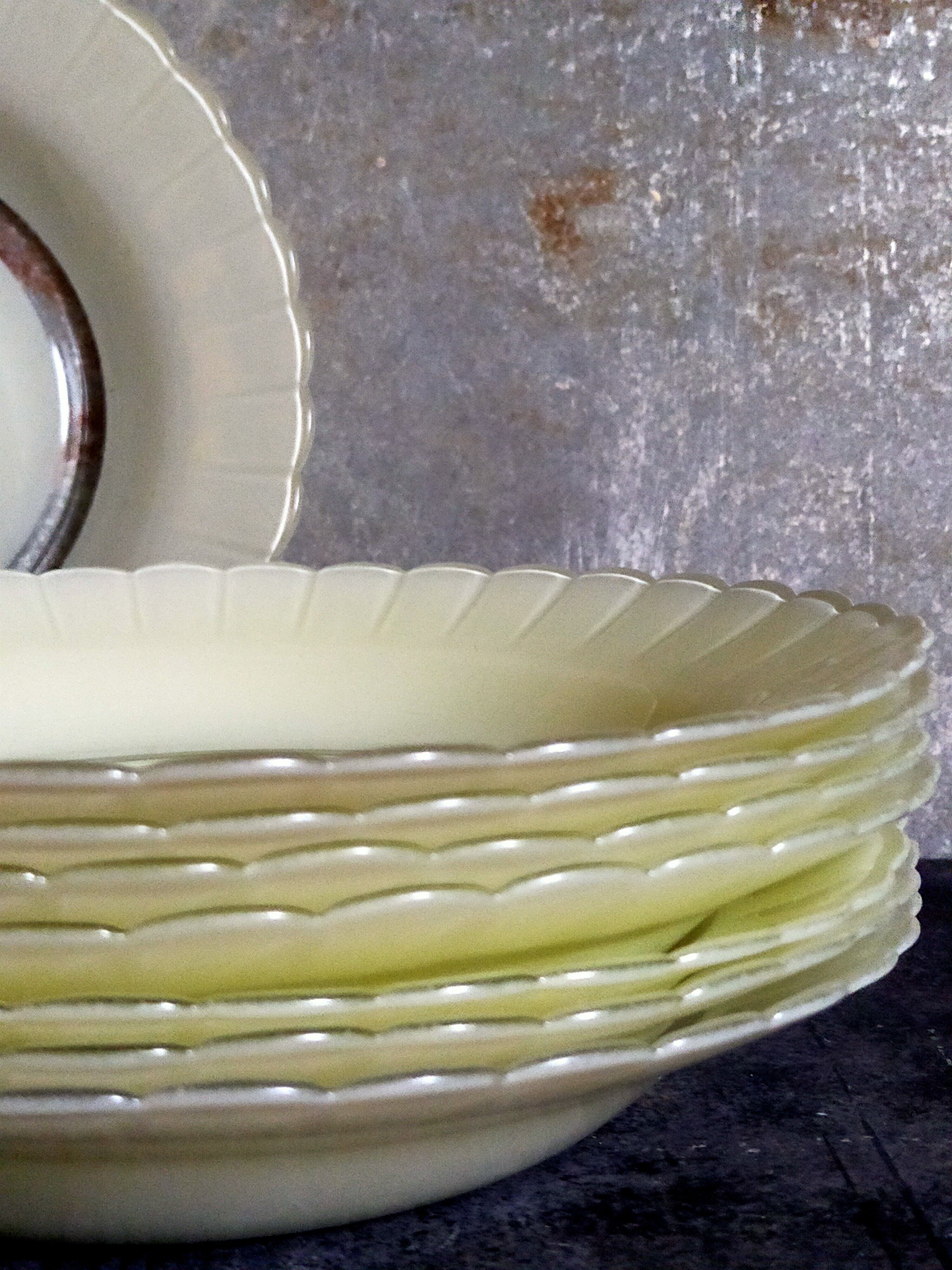 Eight hollow plates Duralex painted glass 60s