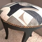 Black wood piano stool Art Deco fabric restoration upholstery 1950 living room decoration