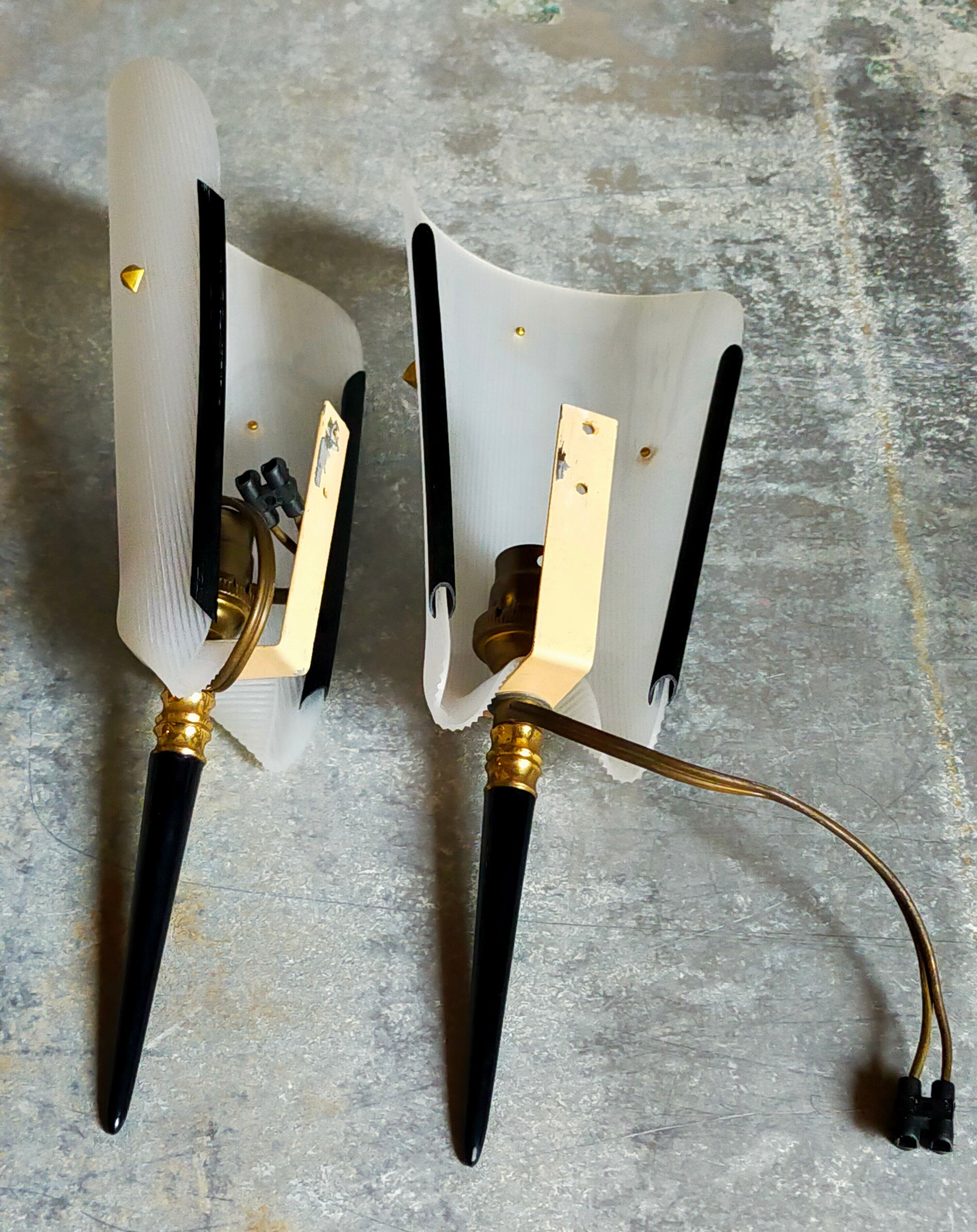 Pair of vintage plexi and bakelite 50s wall lamps