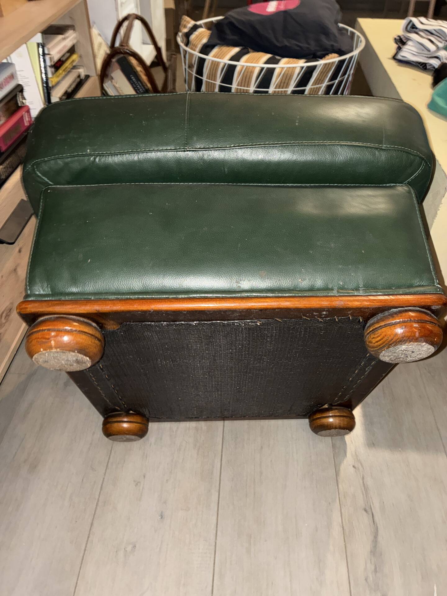 Vintage Green Bottle Leather Pouffe Footstool – 70s/80s