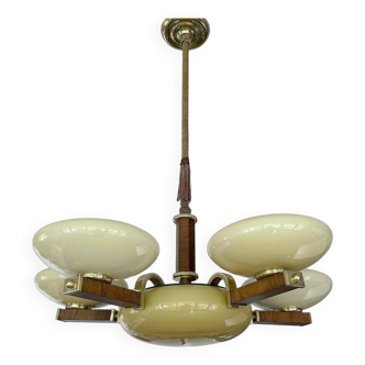 Grande suspension Art Déco en bois et verre, années 1930
