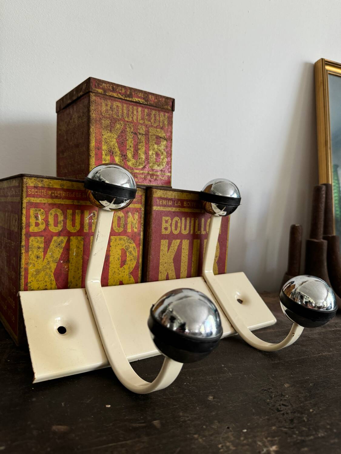 Wall coat rack with 2 vintage ball hooks