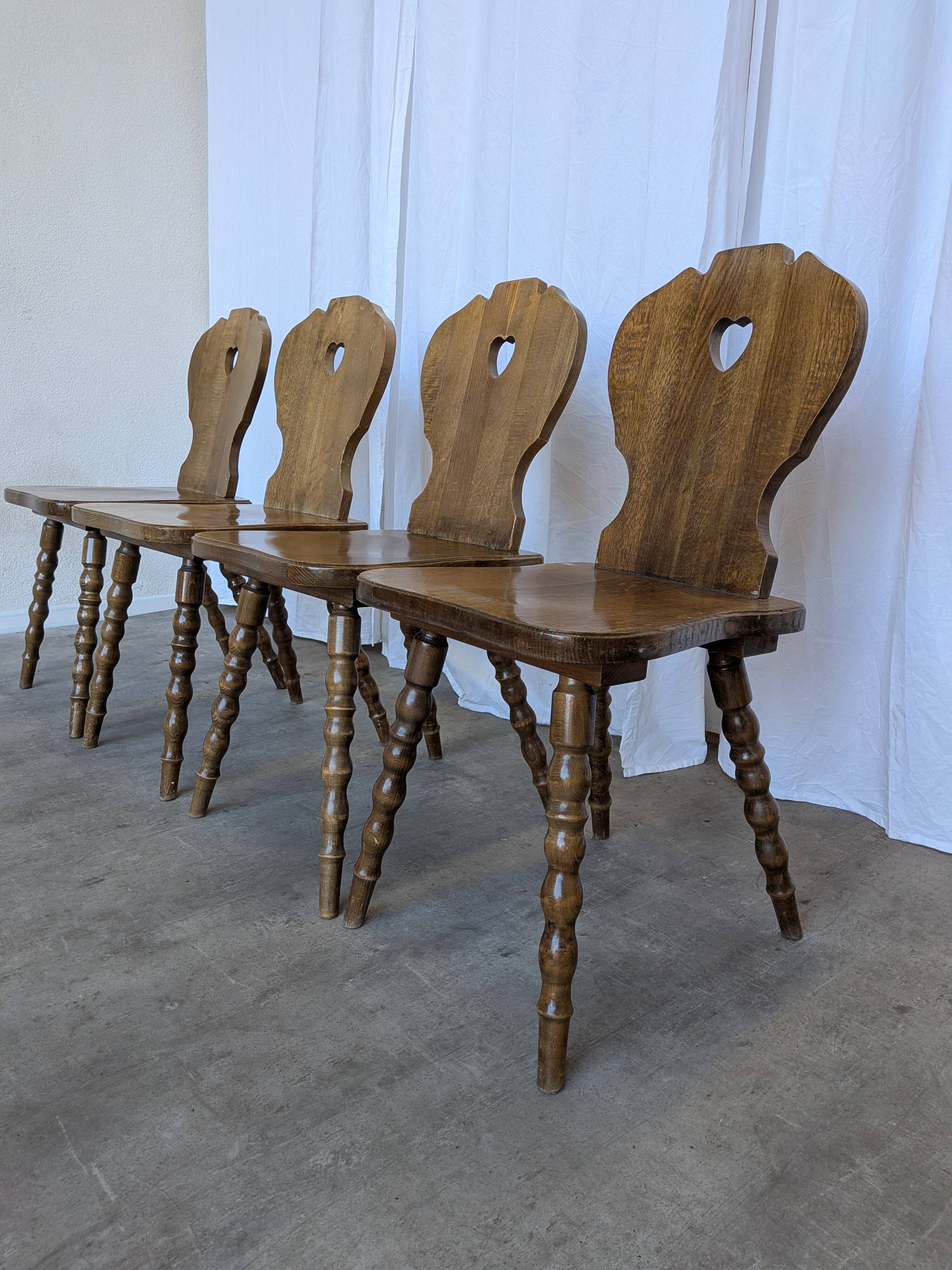 Set of 4 Vintage Tyrolean Heart Cutout Wooden Dining Chairs