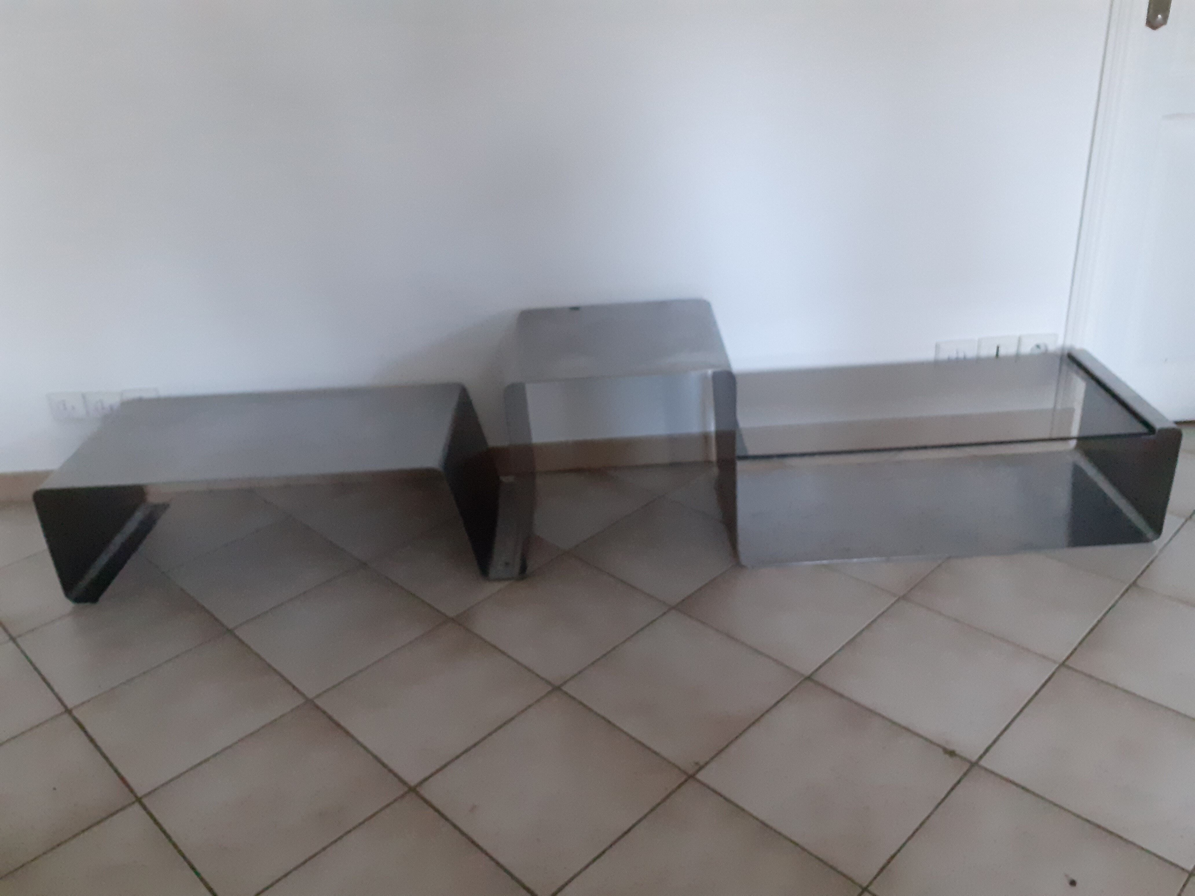 Modular wall shelves design 70s in smoked glass and brushed steel