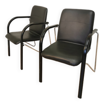 Set of 2 vintage office chairs in black leather chrome base plastic armrests / retro 1980s room