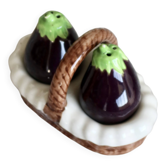 Salière et poivrier vintage en barbotine aubergine petit panier