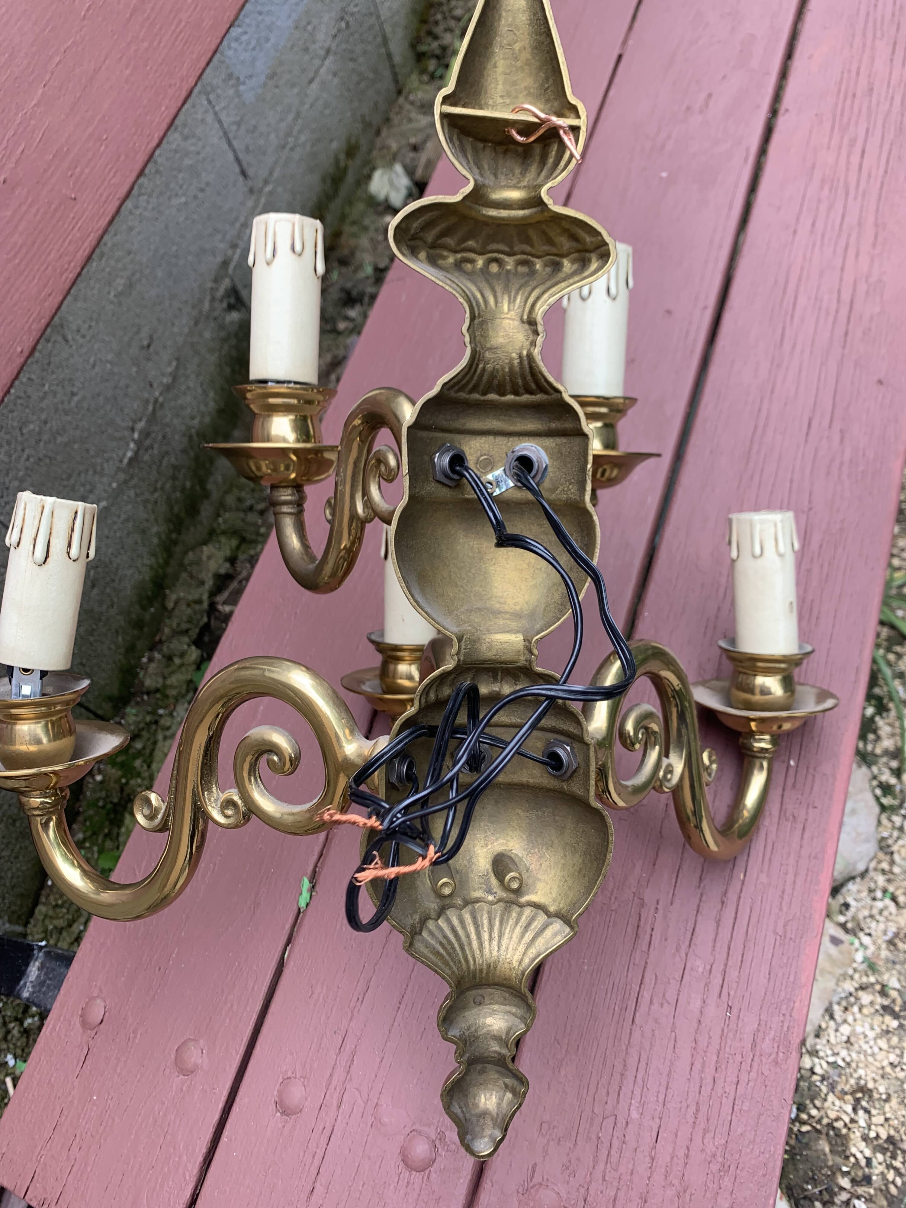Large Pair of Dutch Style 5-Branch Wall Lights in Brass, Gilded Bronze, 19th Century