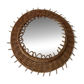 Miroir rond soleil en osier vintage 1950
