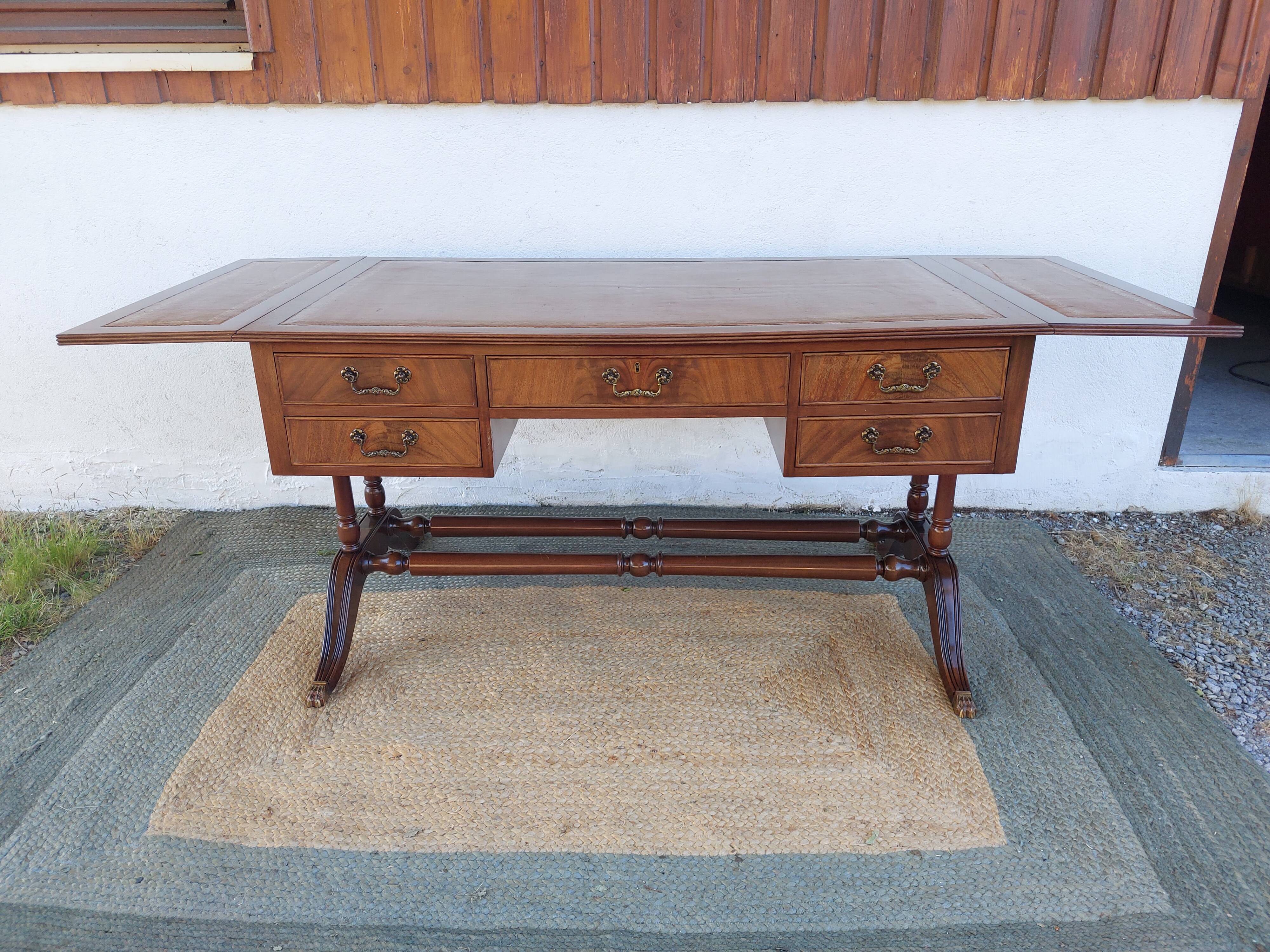 English desk and lyre chair, leather, extensions.