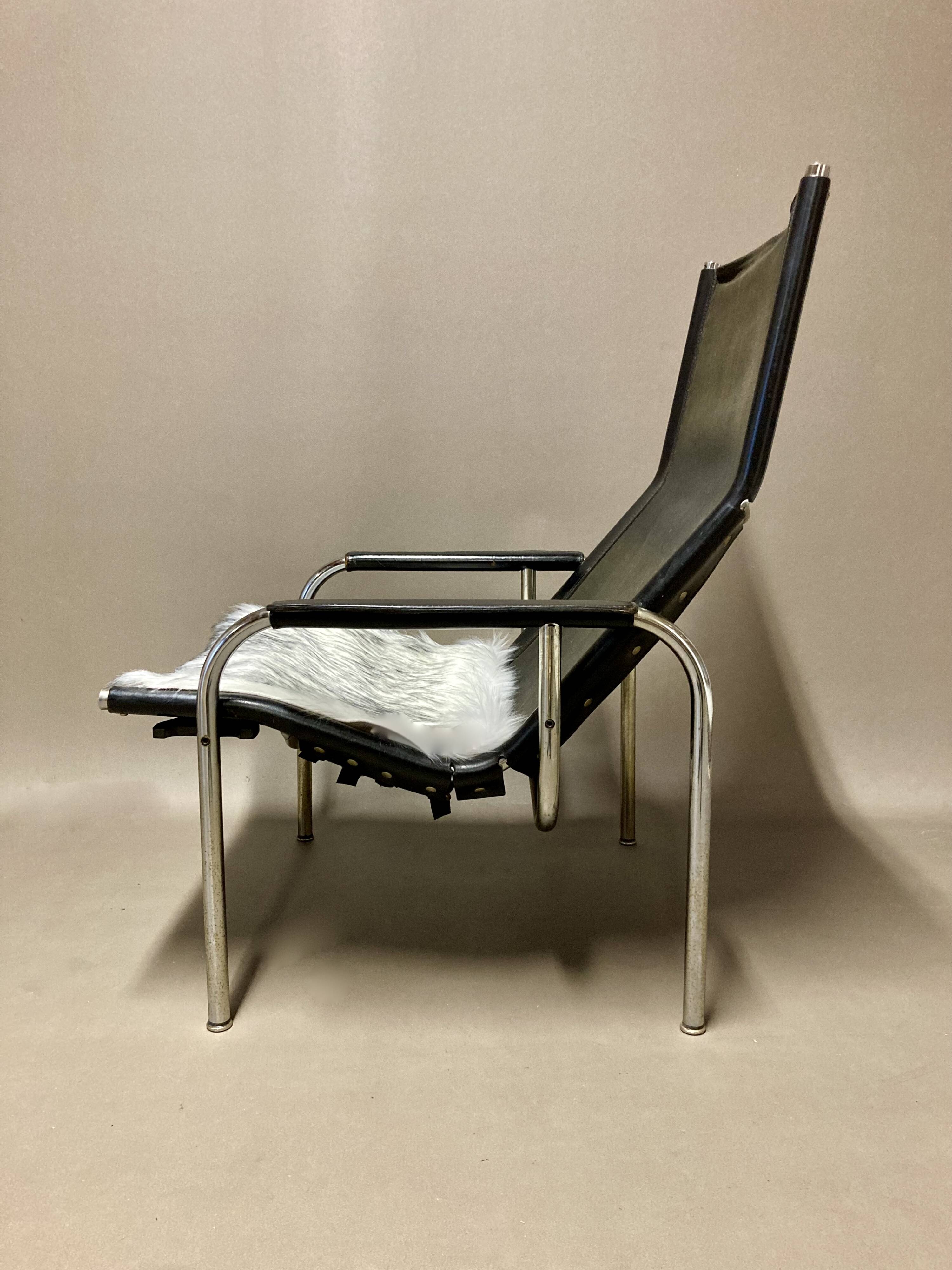 Black leather reclining relax armchair, 1960s design.