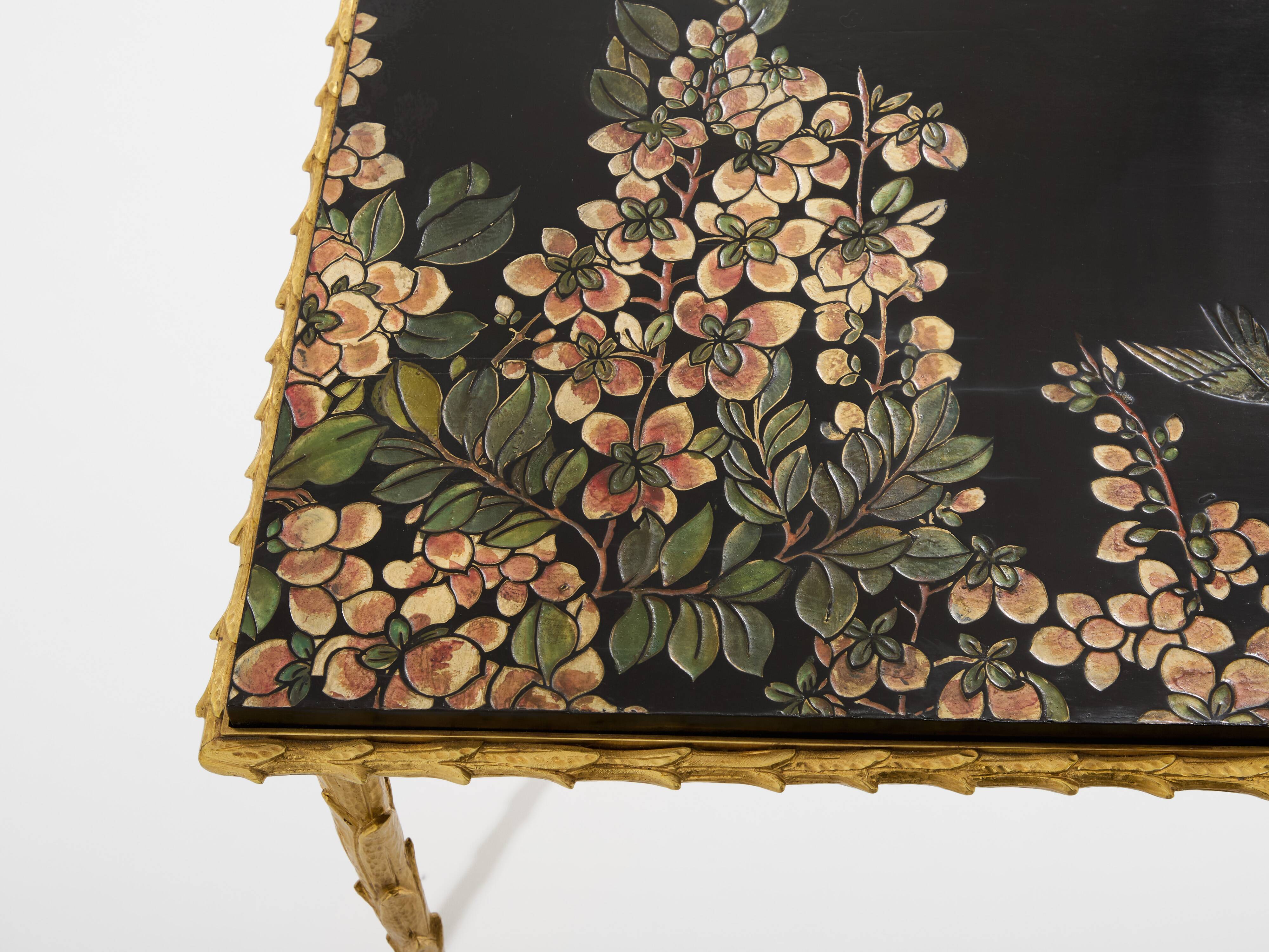 Bronze-gilded foliage side tables, Chinese lacquer, Maison Baguès, 1950.