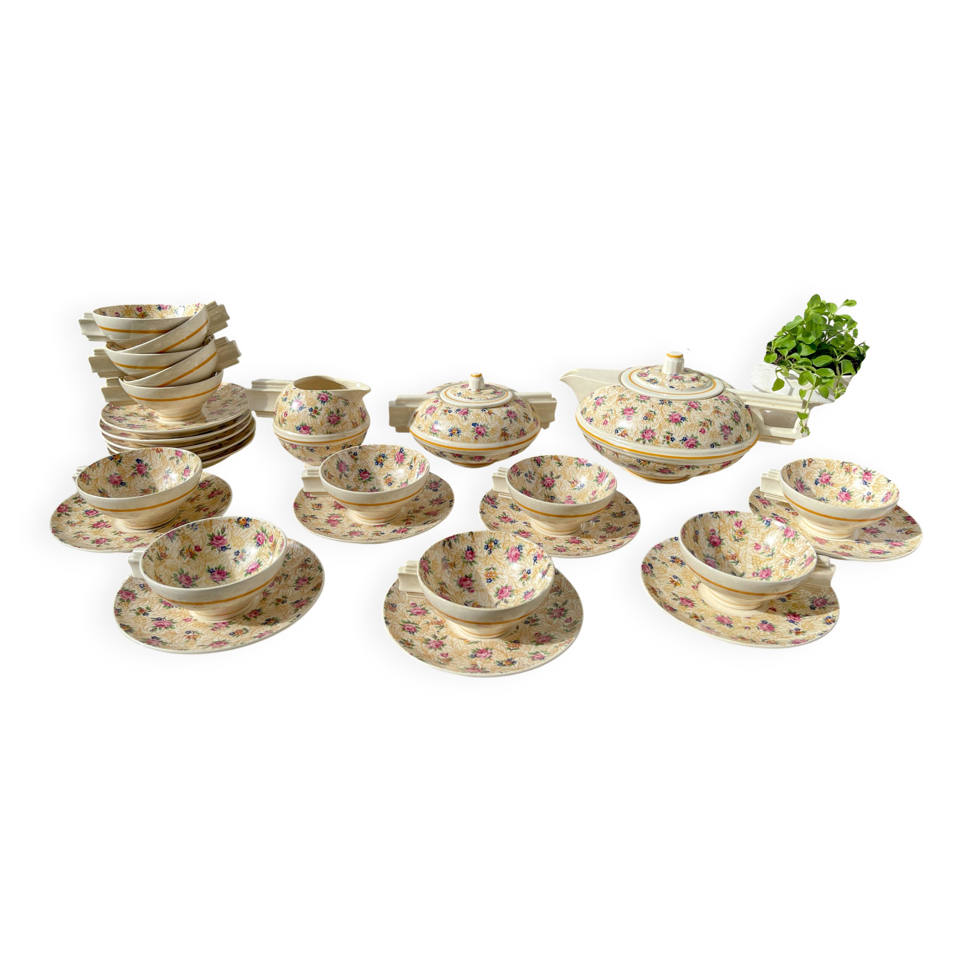 Robj Paris Coffee Tea Set with Floral Yellow Porcelain Core - Vintage Art Deco Style