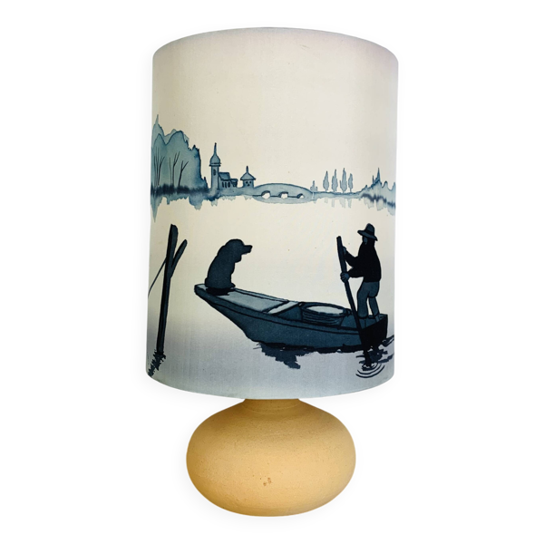 Lampe figue grès et abat jour soie ''pêcheur