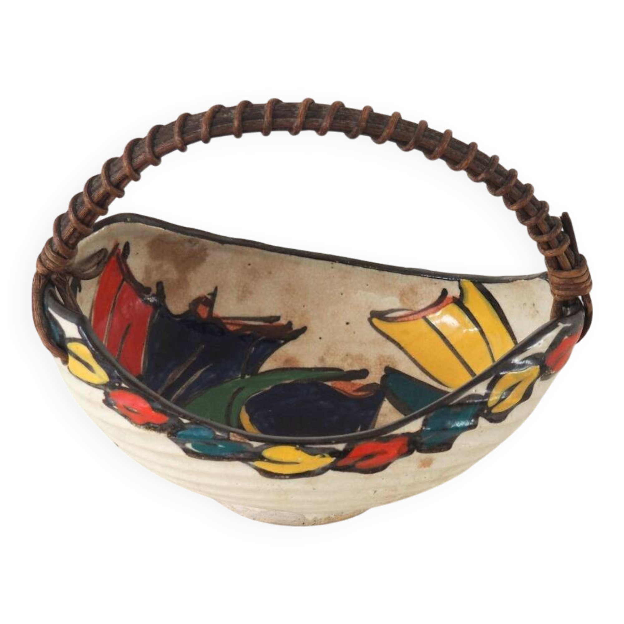 Vintage Artisan Japanese Ceramic Bowl With Woven Handle
