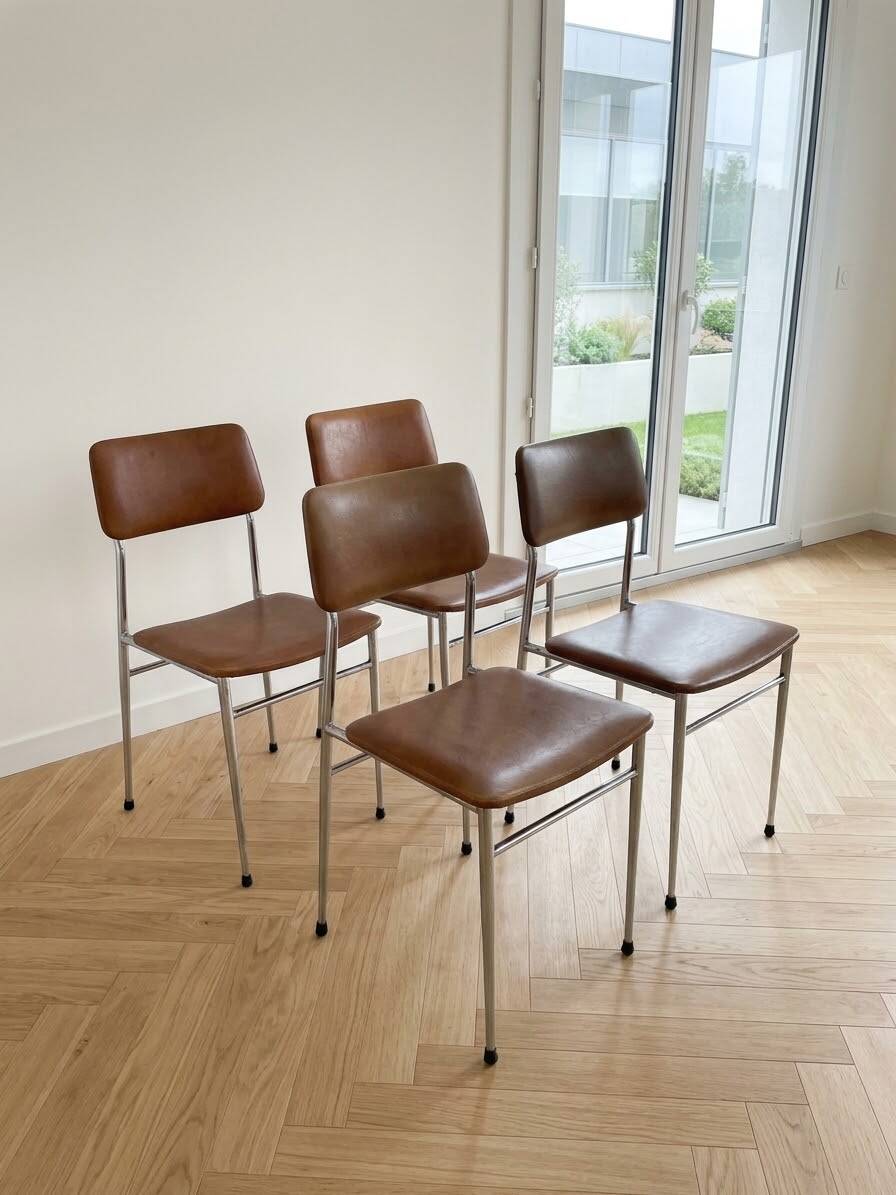 Set of 4 vintage 1970s brown faux leather chairs.