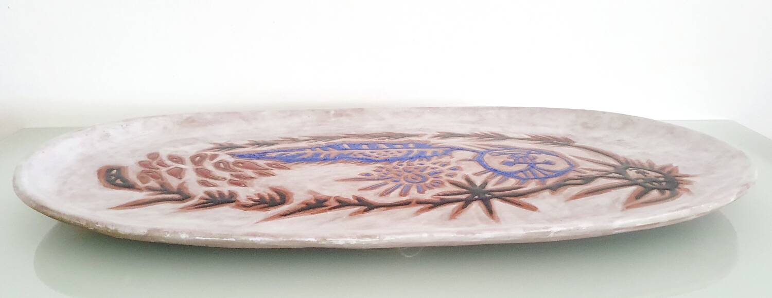 Large oval enamelled terracotta dish by Jean Lurçat from the 1950s