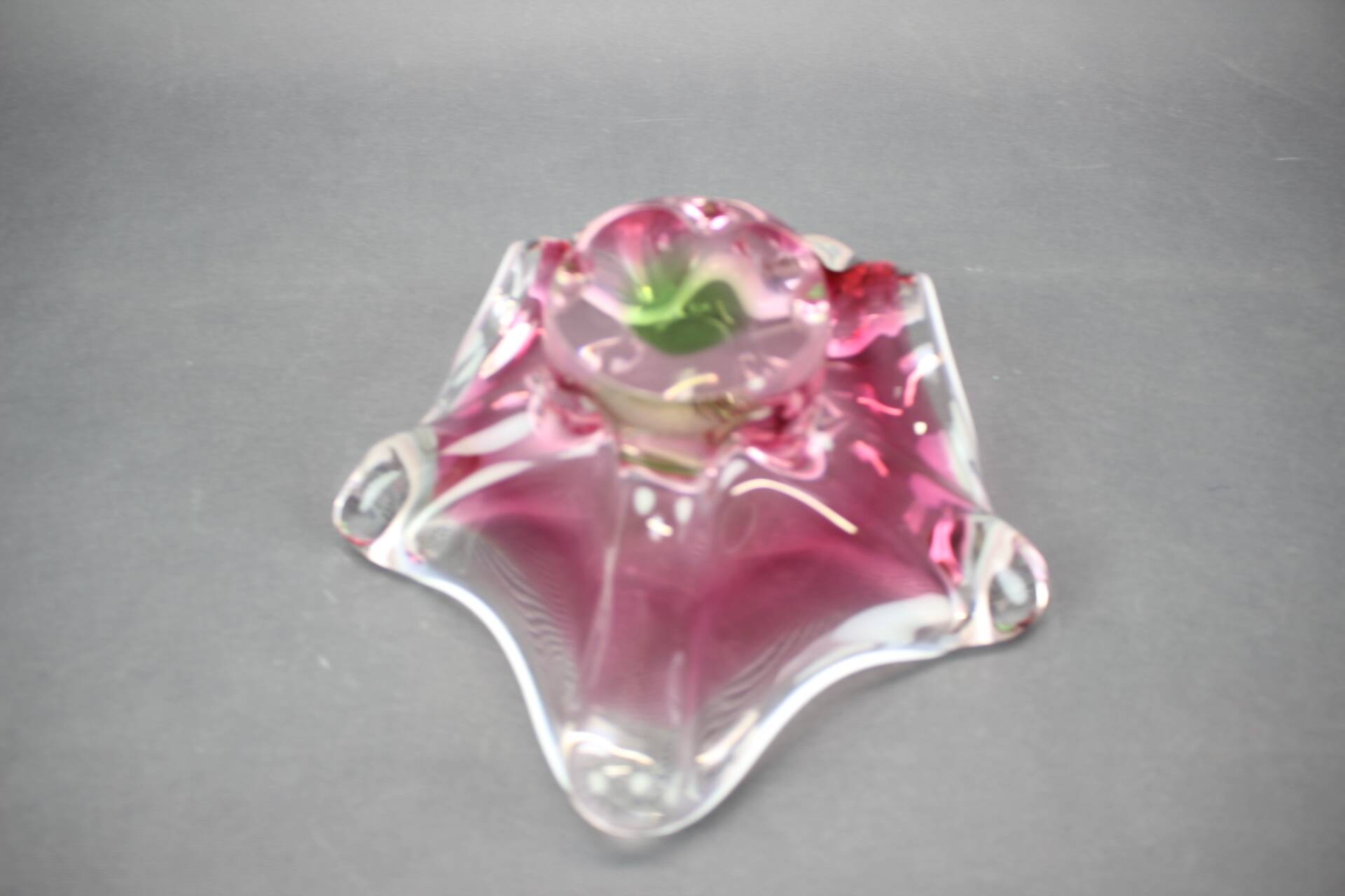 Mid-century pink and green Czech art glass bowl by Josef Hospodka.