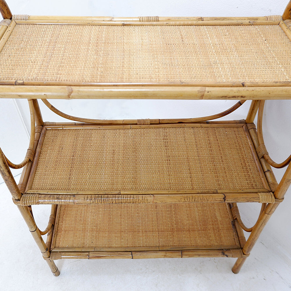 Vintage three-tier rattan shelf in bohemian style - 1960s