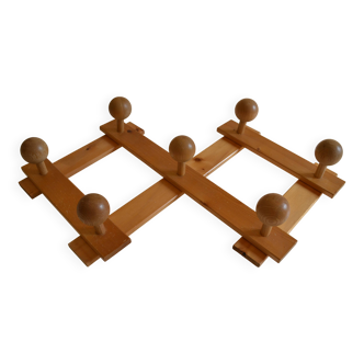 Brutalist wooden accordion wall coat rack with 7 hooks