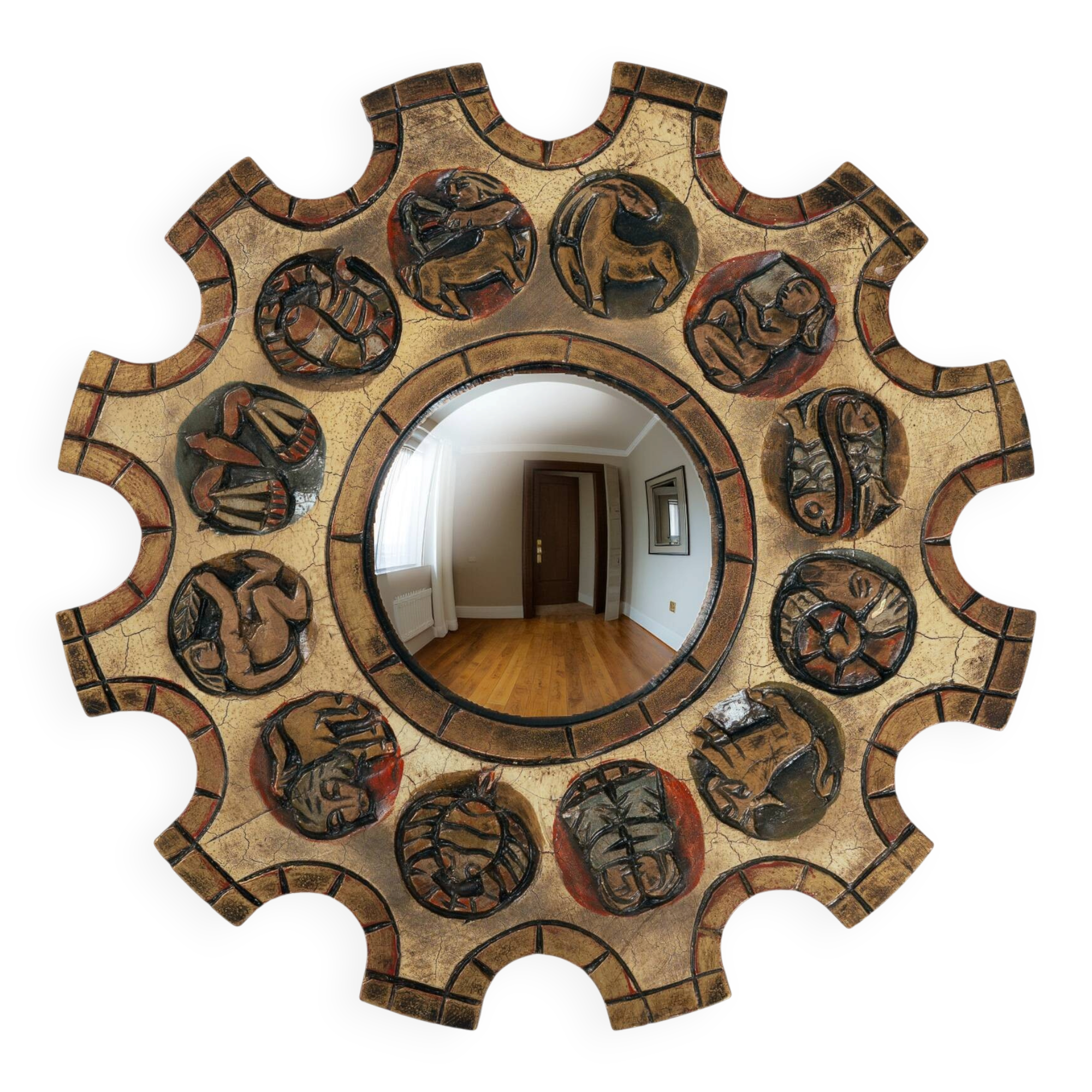 Spanish Zodiac Sunburst Mirror with Sculpted Red Giltwood Frame, Arnolfini, 1950s