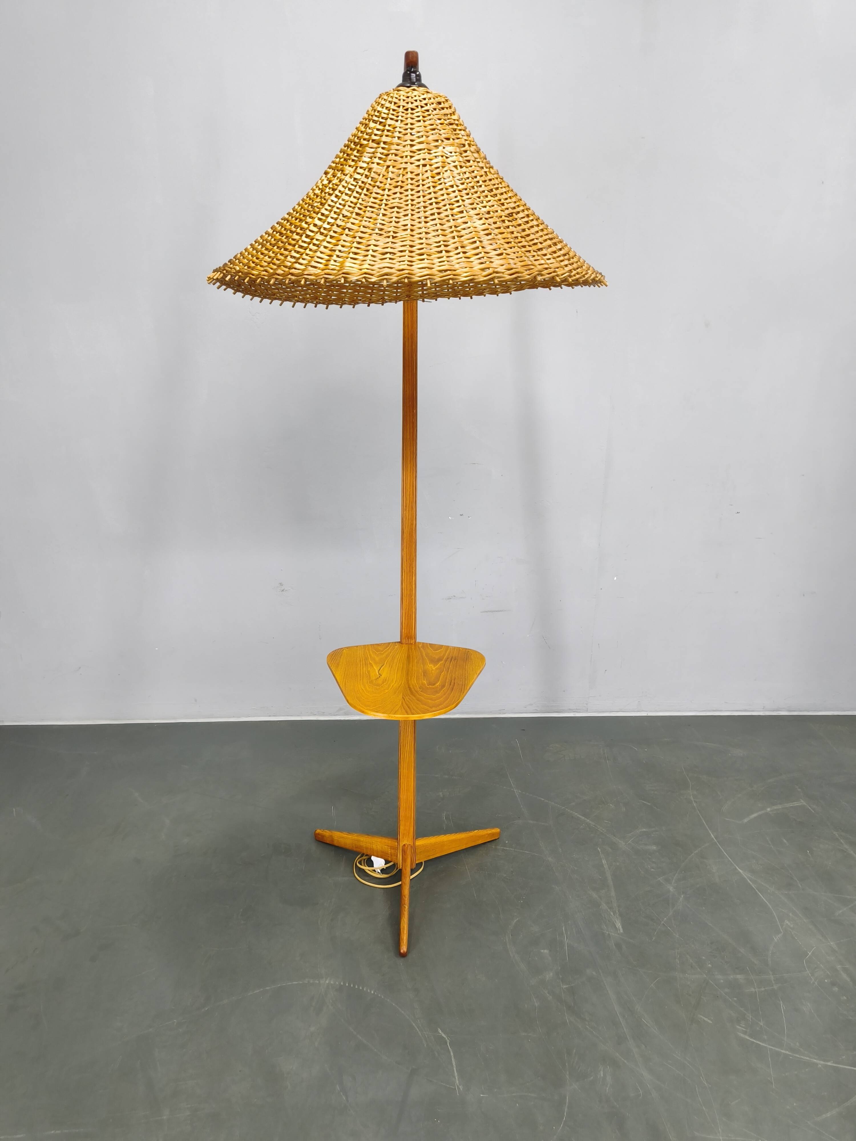 Mid-Century Floor Lamp with Rattan Shade, Czechoslovakia, 1960s