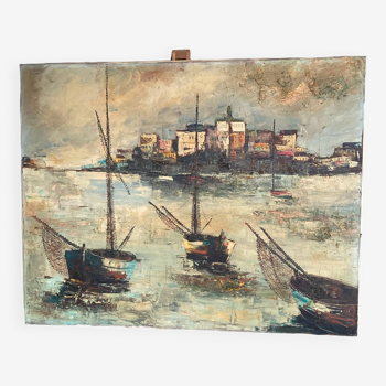 Marine oil on canvas 20th century fishing boats and village in the background