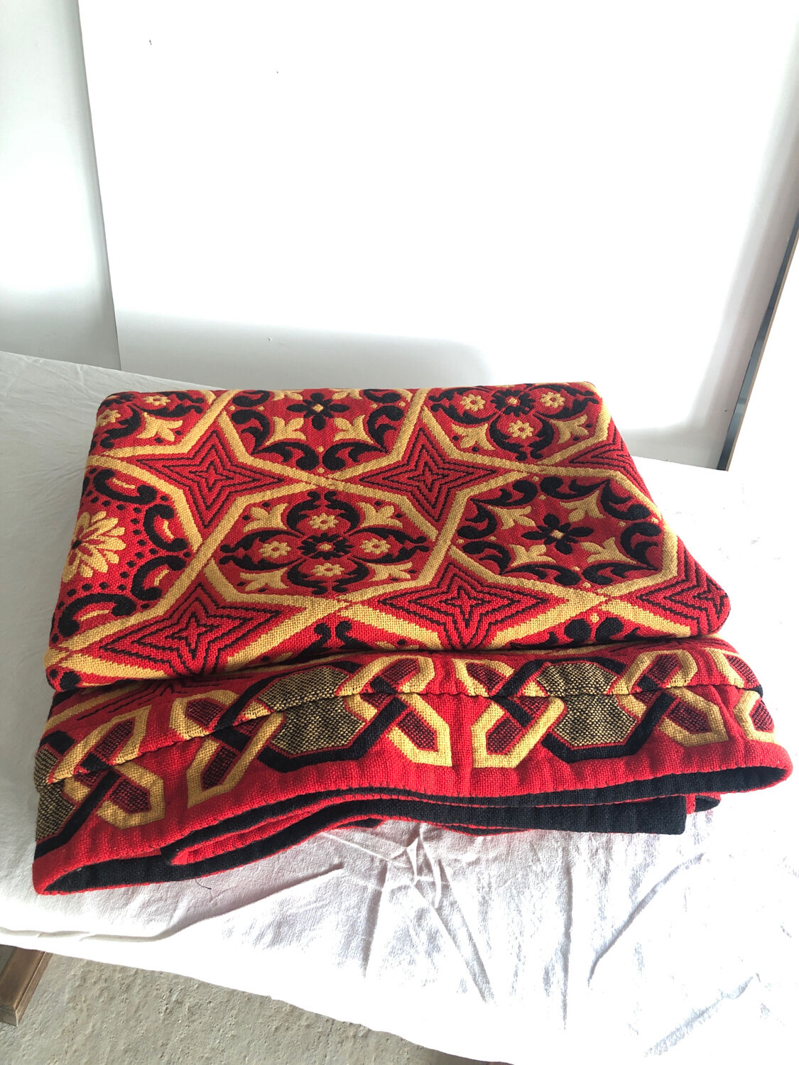 Handmade bedspread vintage red black and beige