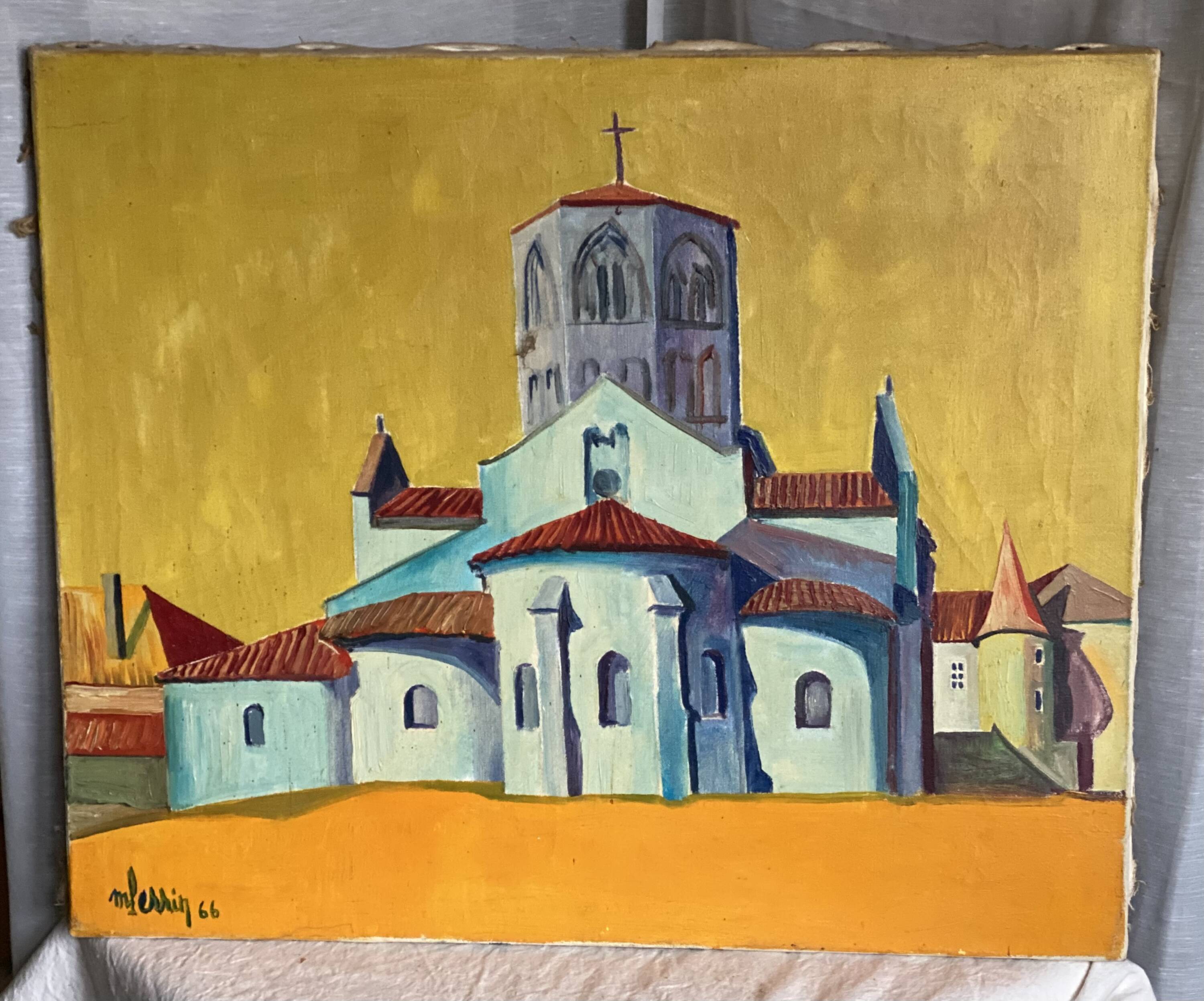 Painting by Michel Perrin, Provence church on yellow background, 1966