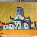 Tableau de Michel Perrin "Eglise de provence sur fond jaune" 1966