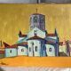 Painting by Michel Perrin, Provence church on yellow background, 1966