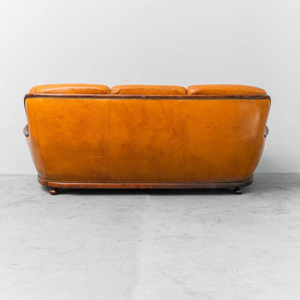 3-seater leather and wood sofa, 1950s vintage modernism