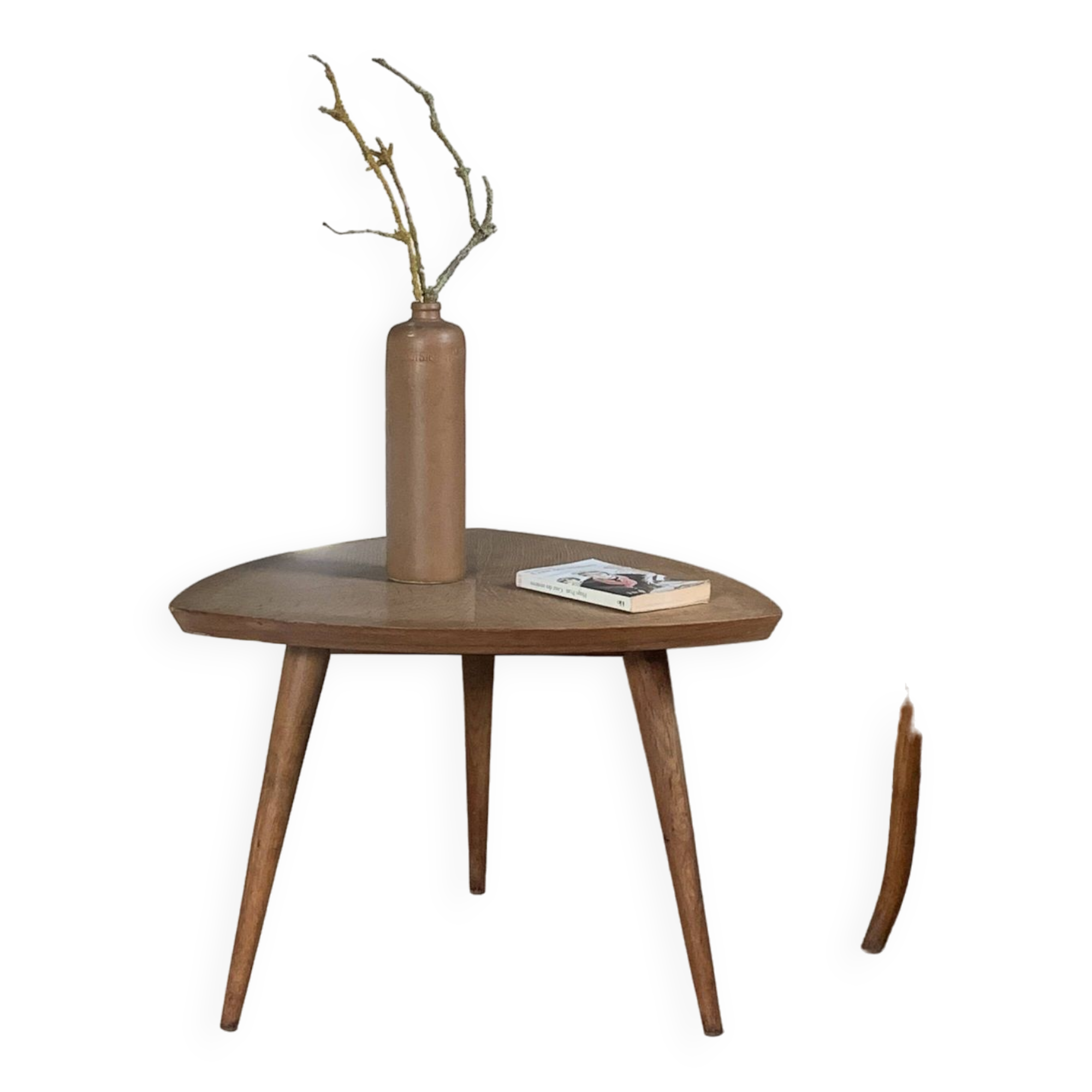 Table basse tripode forme feuille en chêne vintage
