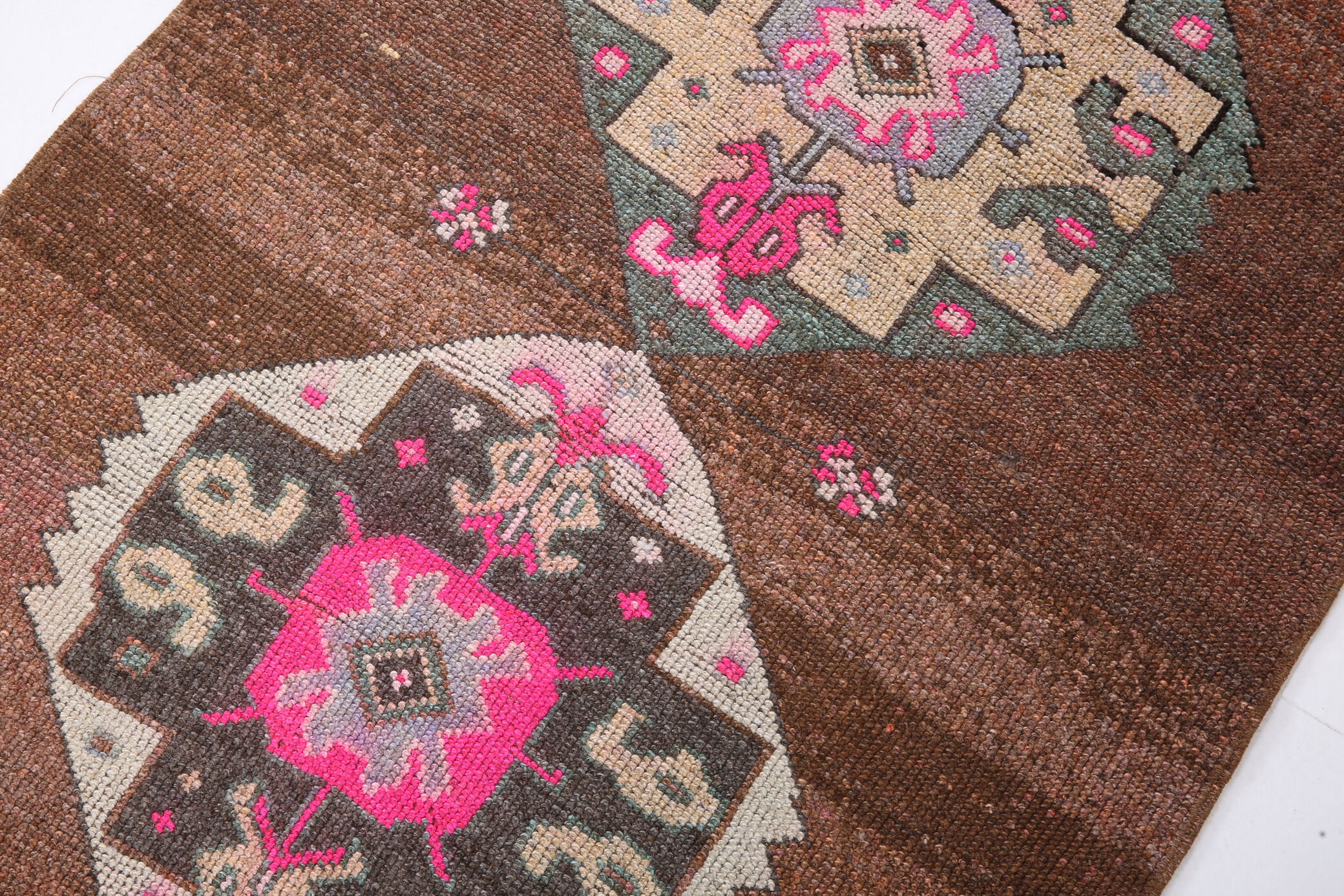 Geometric brown oushak runner rug, 97x326cm