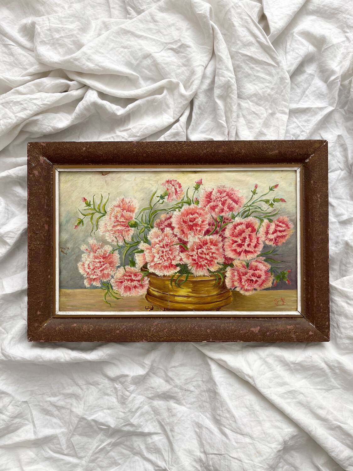Antique oil painting on cardboard, bouquet of carnations, signed and dated 1899