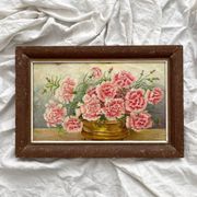 Antique oil painting on cardboard, bouquet of carnations, signed and dated 1899