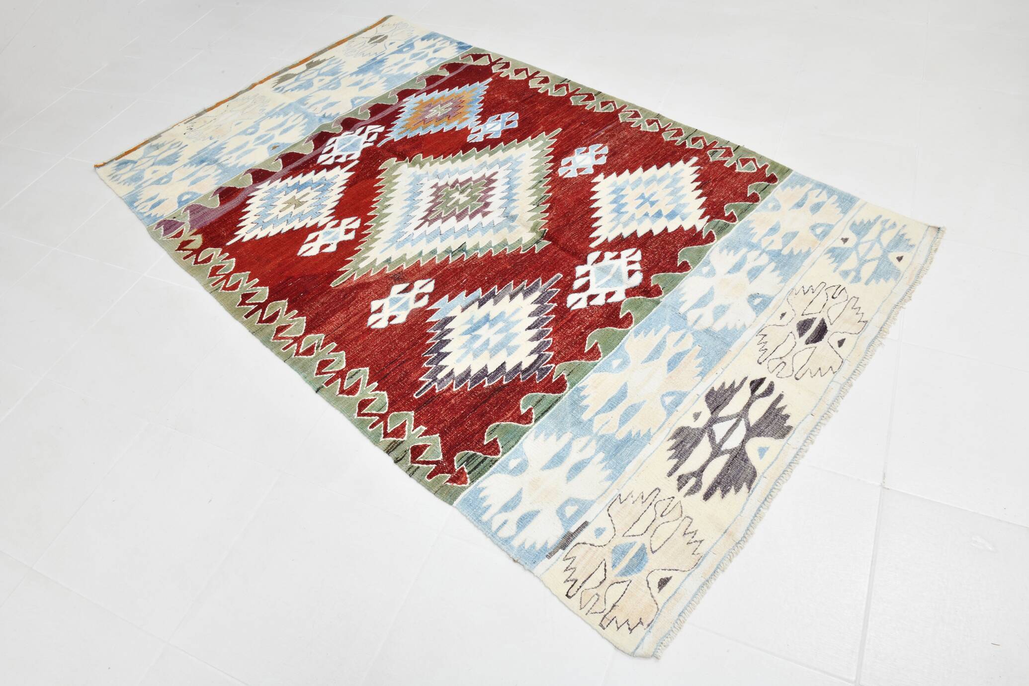 5x8 Burgundy & Light Blue Rare Geometric Style Wool Kilim Rug, 144x241 Cm