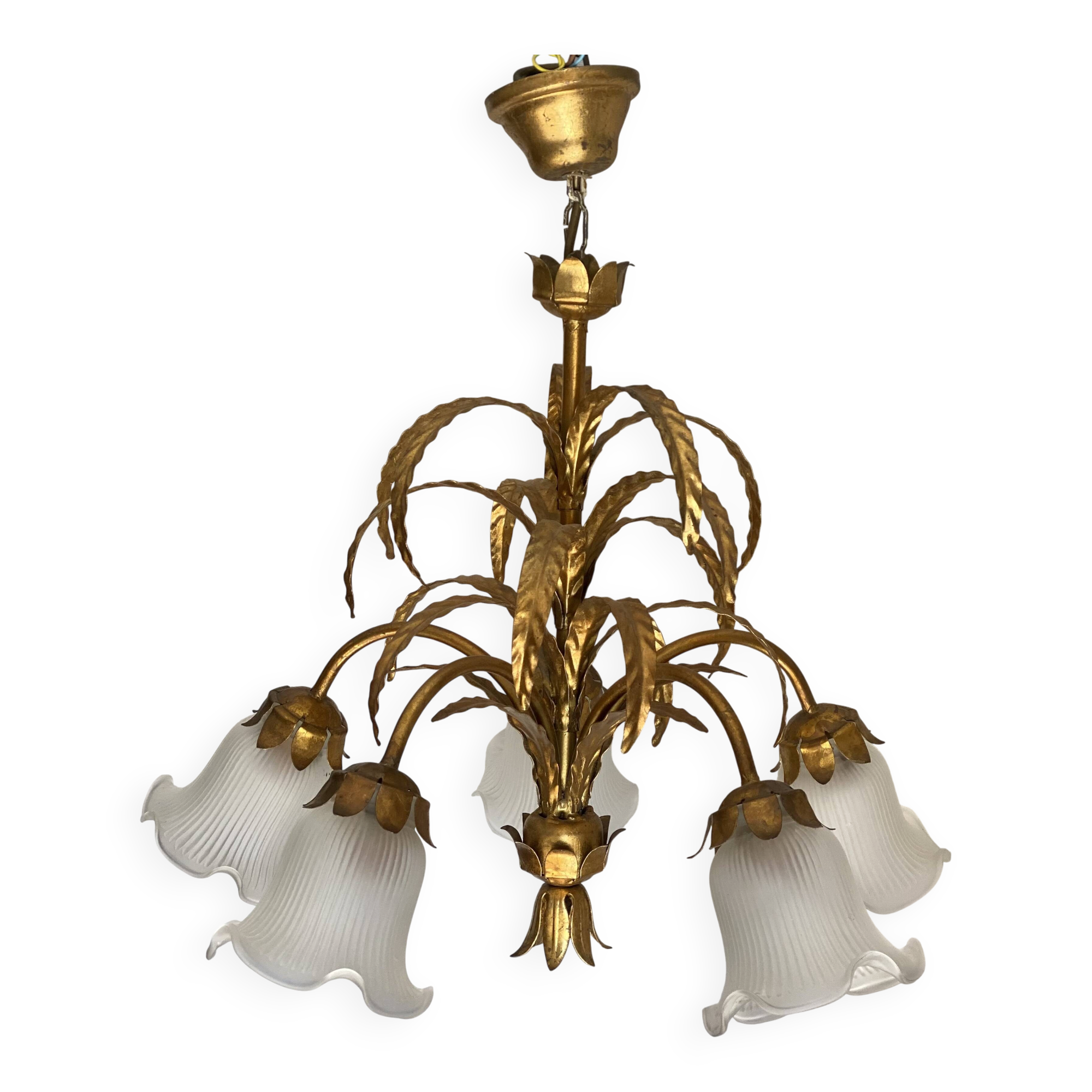 Vintage 1970s golden metal palm chandelier in the style of JANSEN.