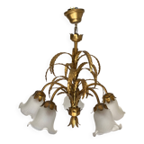 Vintage 1970s golden metal palm chandelier in the style of JANSEN.