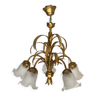 Vintage 1970s golden metal palm chandelier in the style of JANSEN.