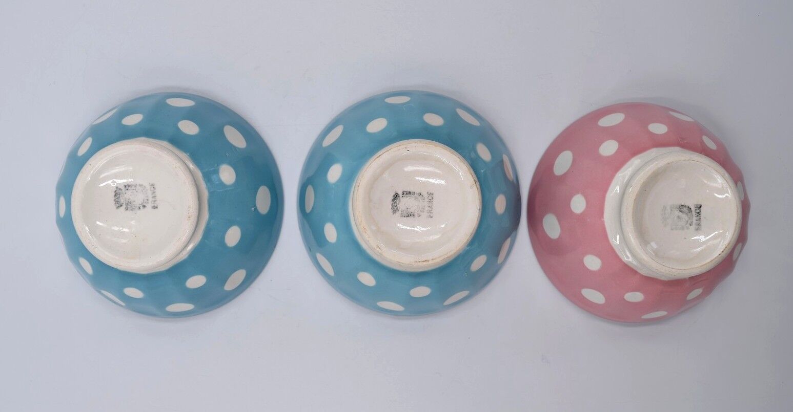 3 small vintage bowls digoin sarreguemines with polka dots pastel colors pink blue