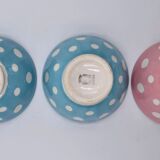 3 small vintage bowls digoin sarreguemines with polka dots pastel colors pink blue