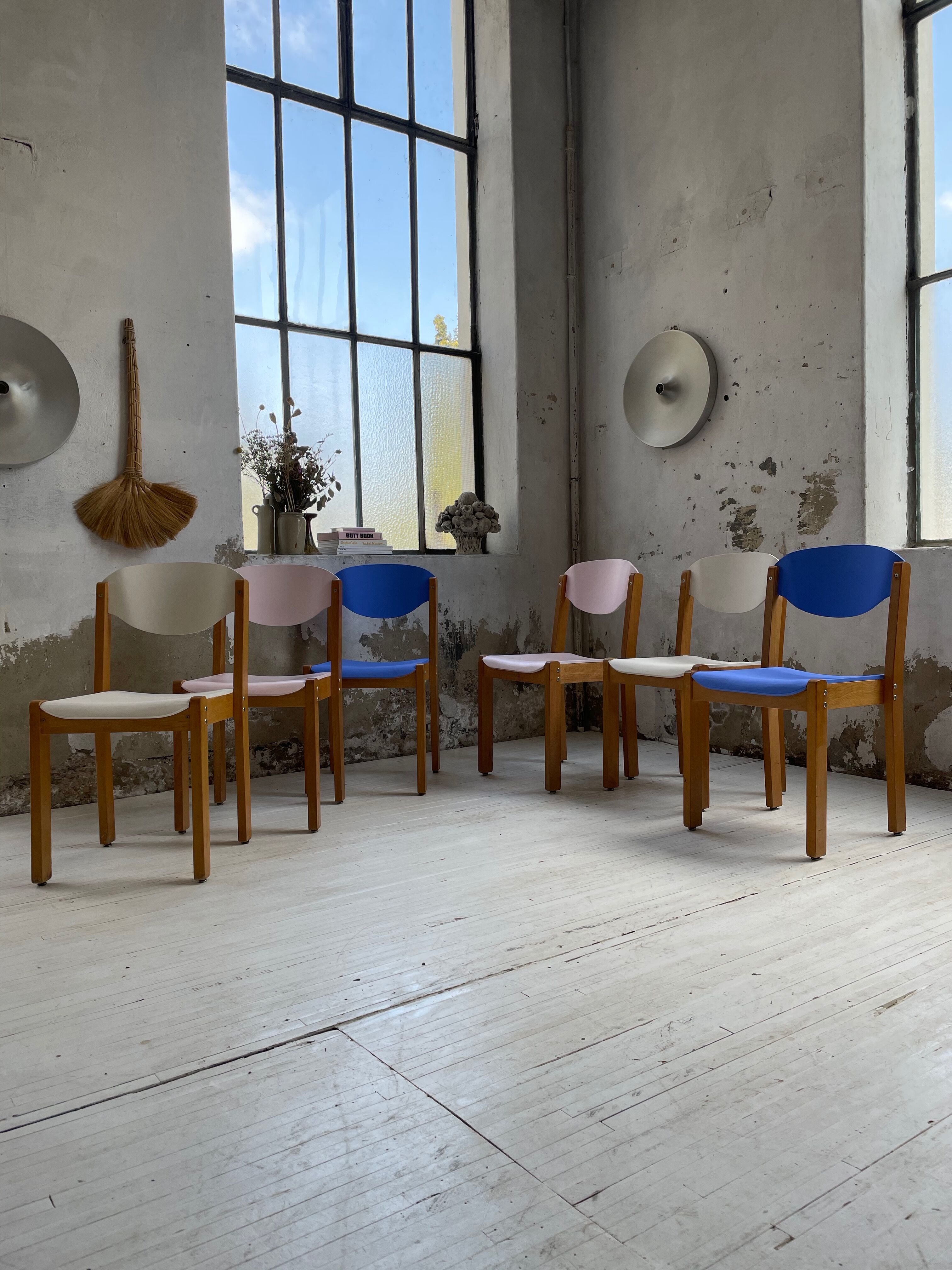 6 colorful 80s beech chairs